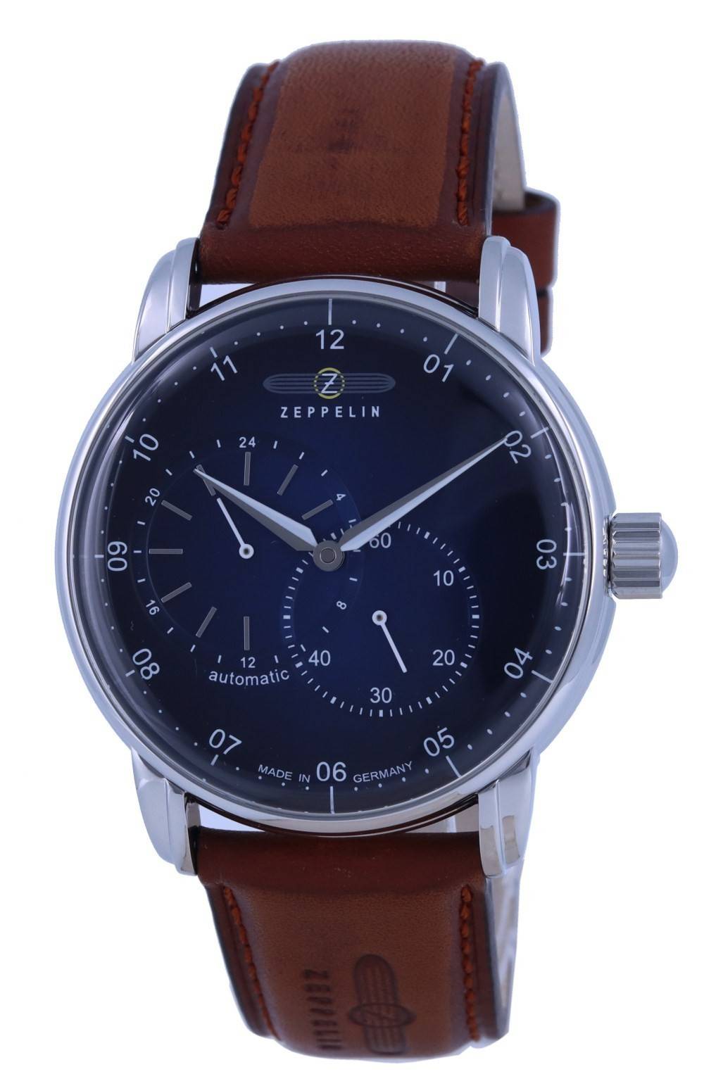 Zeppelin New Captain's Line Blue Dial Leather Strap. A brand-new Zeppelin Captain's Line watch featuring a Blue dial and a Leather strap. Front view.