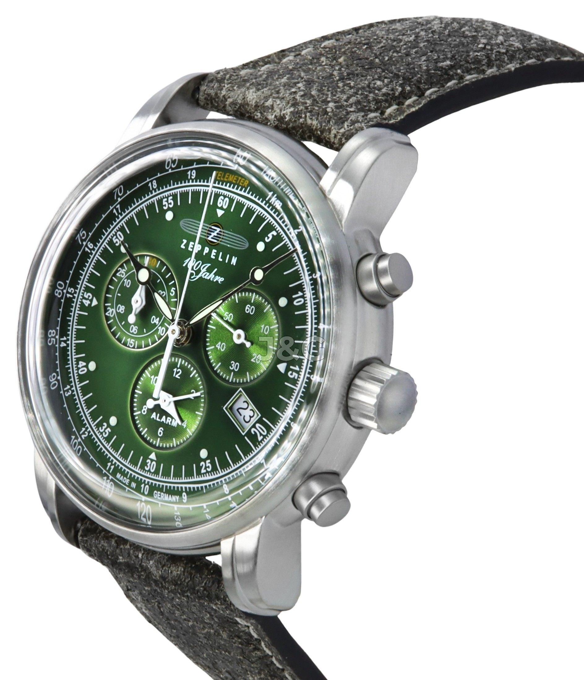 Zeppelin 100 Jahre Alarm Green Leather Male Z86804. A brand-new Zeppelin 100 Jahre watch featuring a Green dial and a Leather strap. Angled view. - view 3