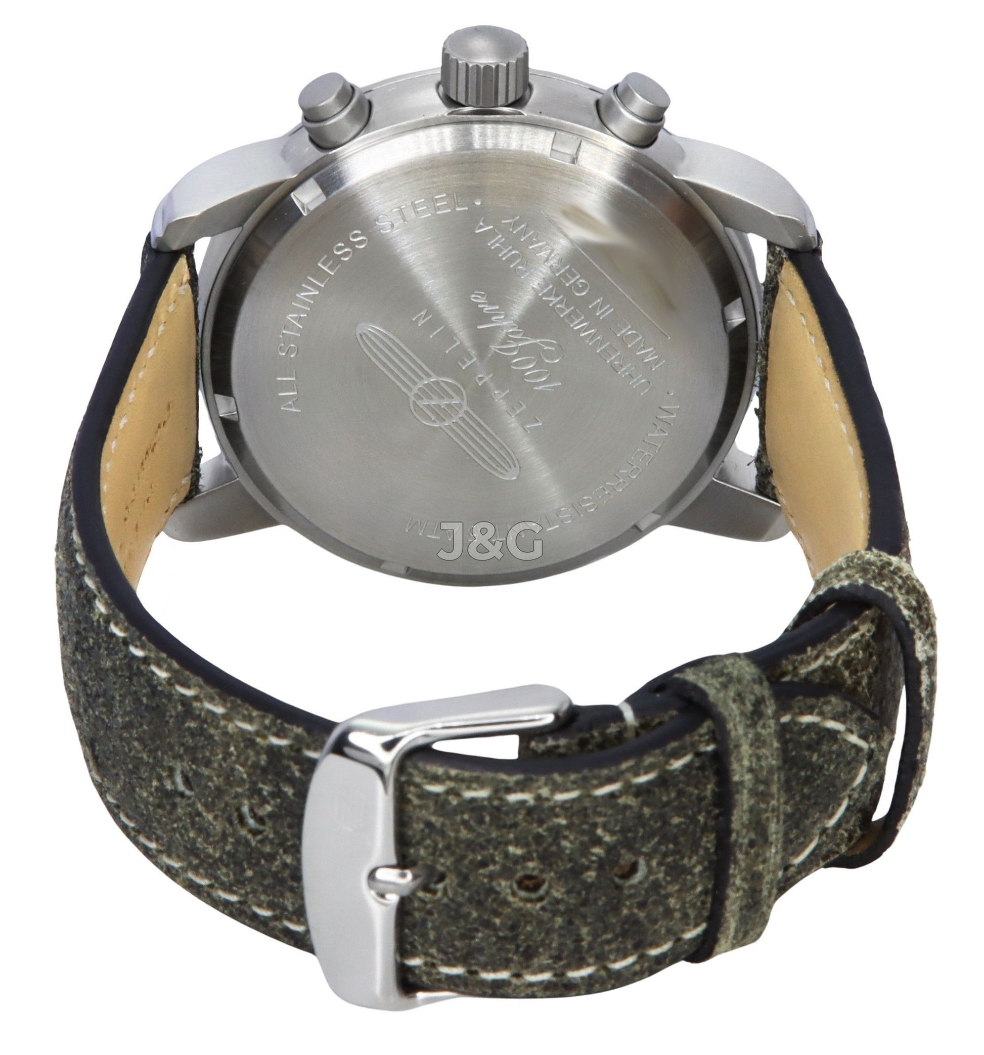 Zeppelin 100 Jahre Alarm Green Leather Male Z86804. A brand-new Zeppelin 100 Jahre watch featuring a Green dial and a Leather strap. Angled view. - view 4