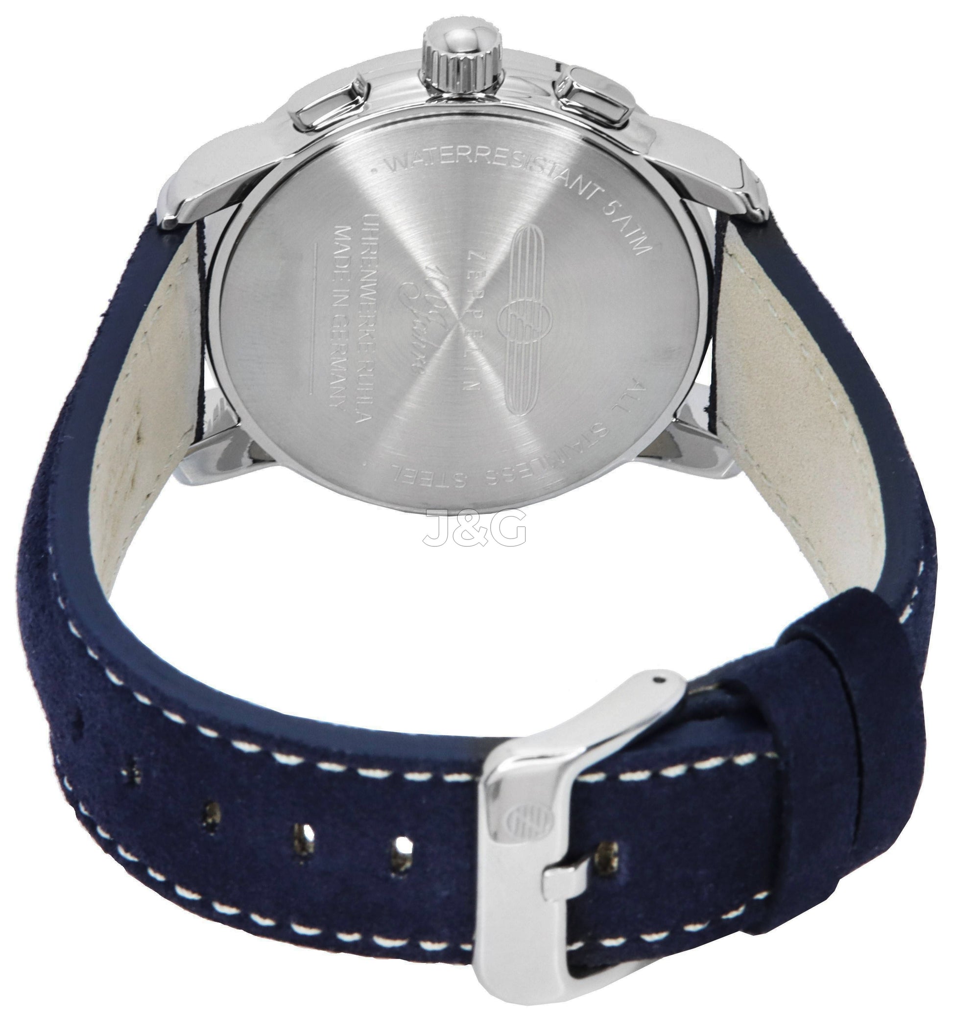 Zeppelin 100 Jahre Date display Blue Leather Male Z86704. A brand-new Zeppelin 100 Jahre watch featuring a Blue dial and a Leather strap. Front view. - view 4