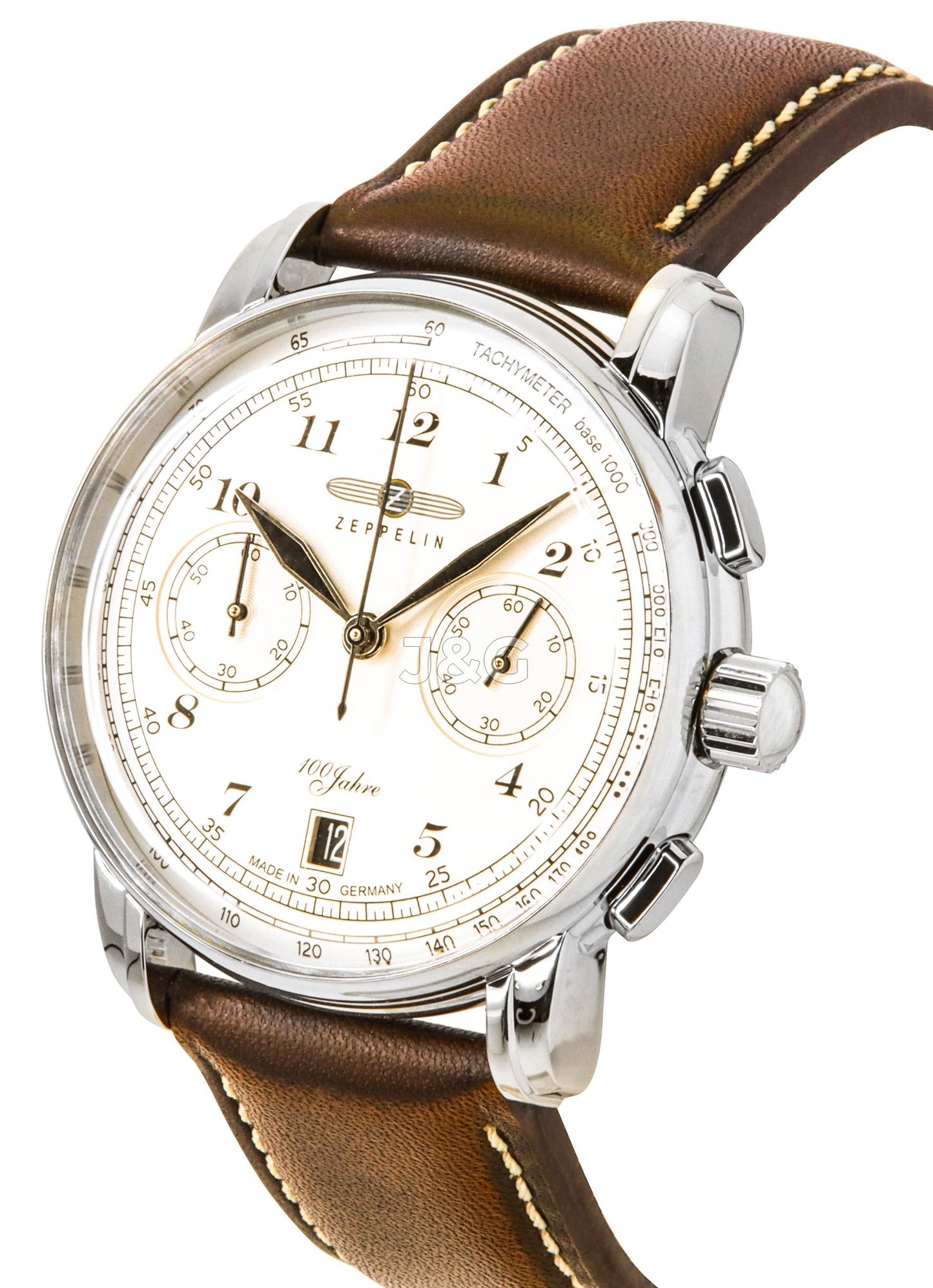 Zeppelin 100 Jahre Quartz movement Beige Leather Male Z76746. A brand-new Zeppelin 100 Jahre watch featuring a Beige dial and a Leather strap. Side view. - view 2