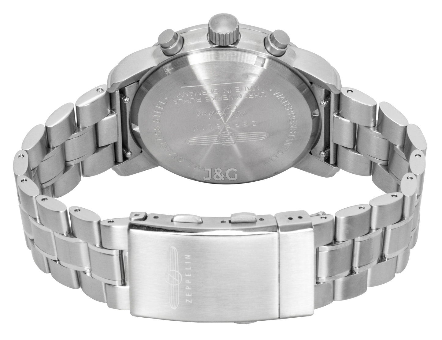 Zeppelin 100 Jahre Quartz movement Black Stainless steel Male Z7680MB2. A brand-new Zeppelin 100 Jahre watch featuring a Black dial and a Stainless steel strap. Side view. - view 4