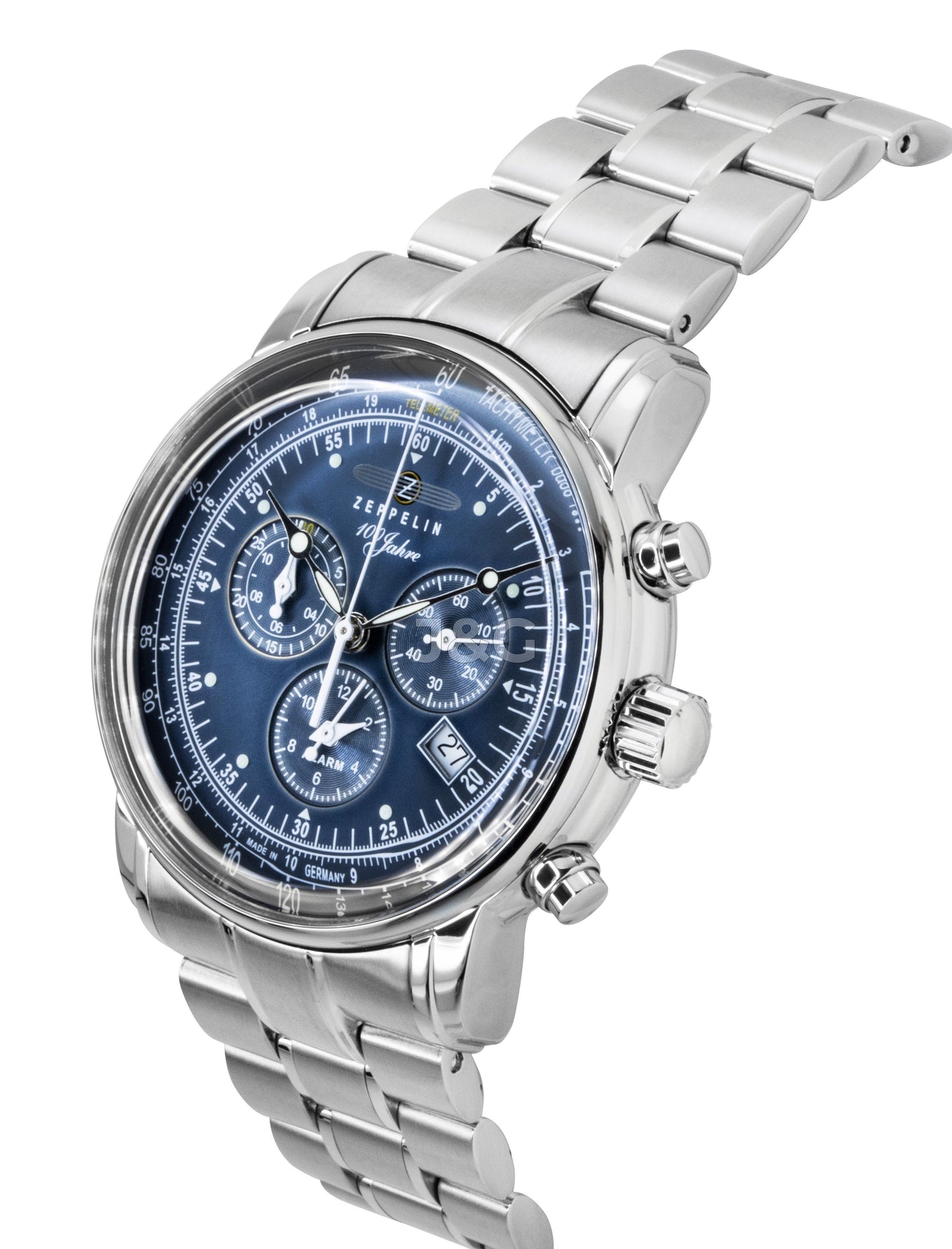 Zeppelin 100 Jahre Quartz movement Blue Leather Male Z7680MB3. A brand-new Zeppelin 100 Jahre watch featuring a Blue dial and a Leather strap. Side view. - view 3