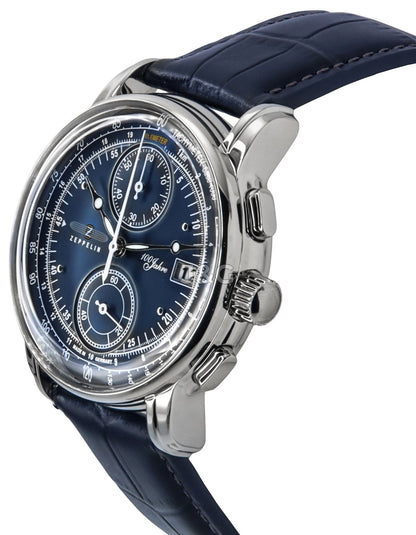 Zeppelin 100 Jahre Quartz movement Blue Leather Male Z86703. A brand-new Zeppelin 100 Jahre watch featuring a Blue dial and a Leather strap. Angled view. - view 3