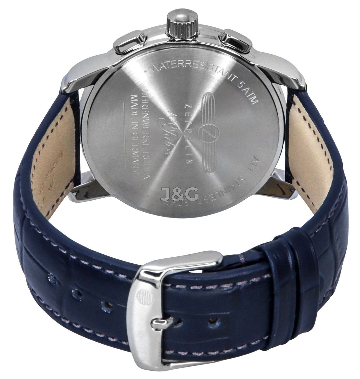 Zeppelin 100 Jahre Quartz movement Blue Leather Male Z86703. A brand-new Zeppelin 100 Jahre watch featuring a Blue dial and a Leather strap. Angled view. - view 4