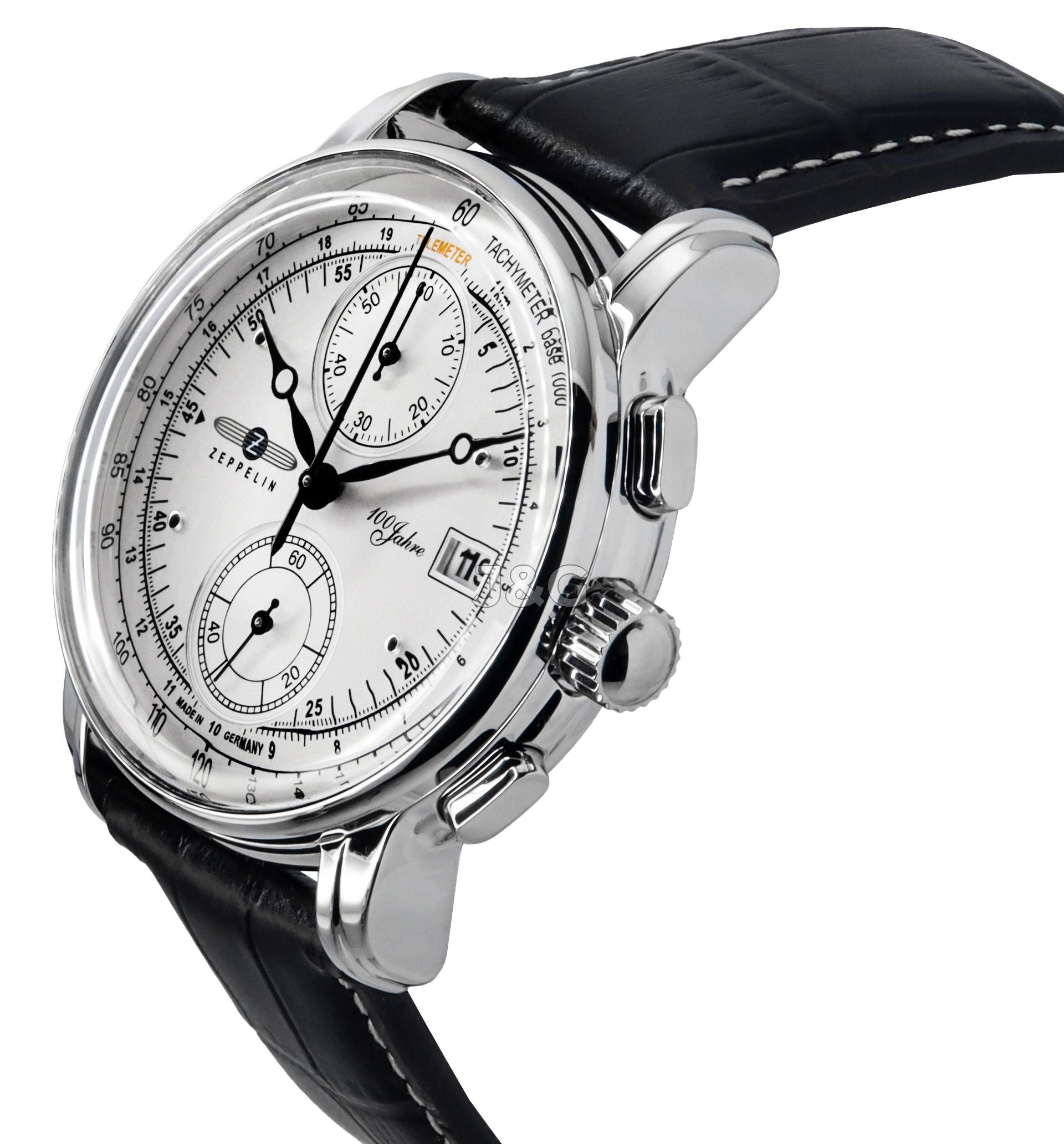 Zeppelin 100 Jahre Quartz movement Silver Leather Male Z86701. A brand-new Zeppelin 100 Jahre watch featuring a Silver dial and a Leather strap. Angled view. - view 2