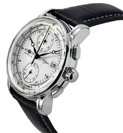 Zeppelin 100 Jahre Quartz movement Silver Leather Male Z86701. A brand-new Zeppelin 100 Jahre watch featuring a Silver dial and a Leather strap. Angled view. - view 2