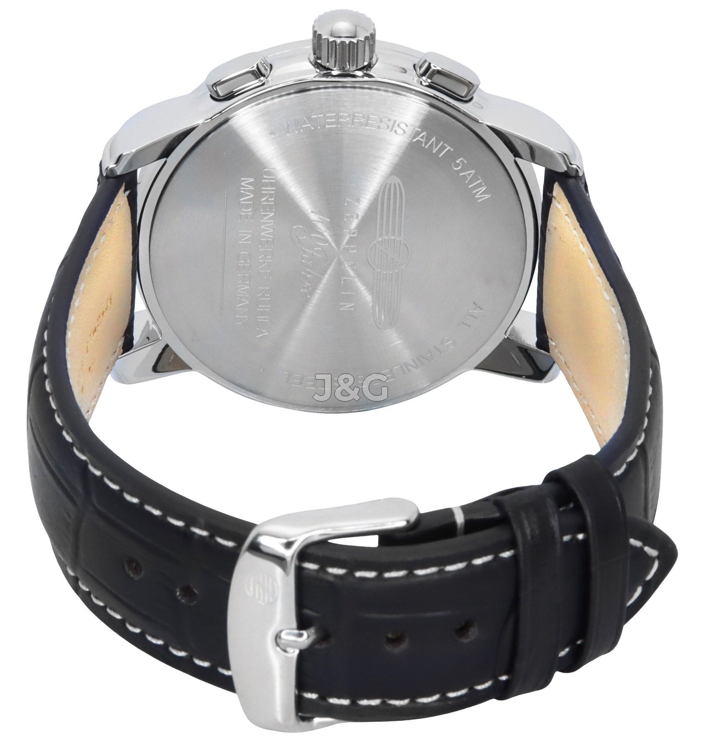 Zeppelin 100 Jahre Quartz movement Silver Leather Male Z86701. A brand-new Zeppelin 100 Jahre watch featuring a Silver dial and a Leather strap. Angled view. - view 3