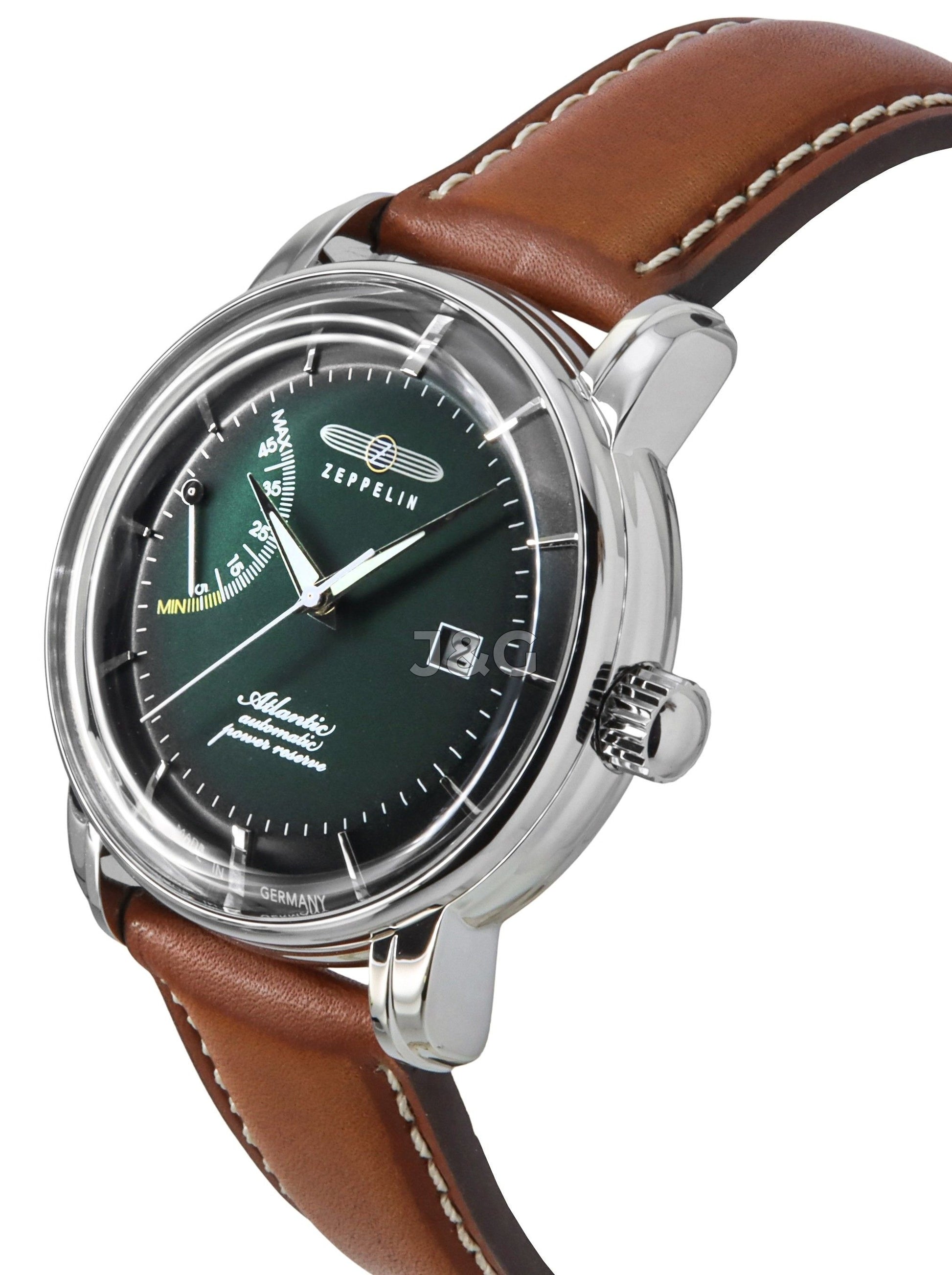 Zeppelin Atlantic Automatic movement Dark Green Leather Male Z84624. A brand-new Zeppelin Atlantic watch featuring a Dark Green dial and a Leather strap. Angled view. - view 3