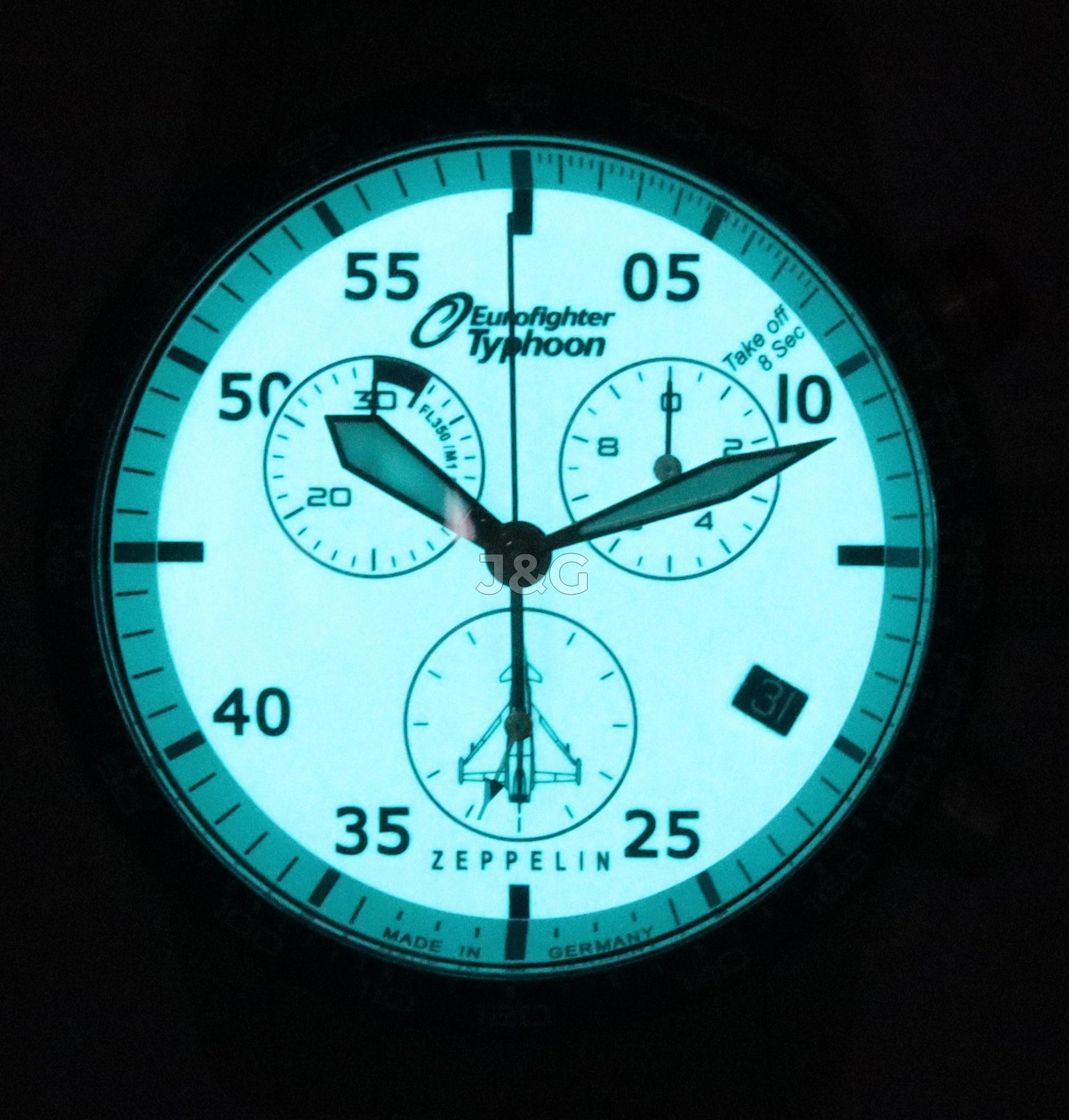 Zeppelin Eurofighter Date display White Stainless steel Male Z7298M5. A brand-new Zeppelin Eurofighter watch featuring a White dial and a Stainless steel strap. Side view. - view 2