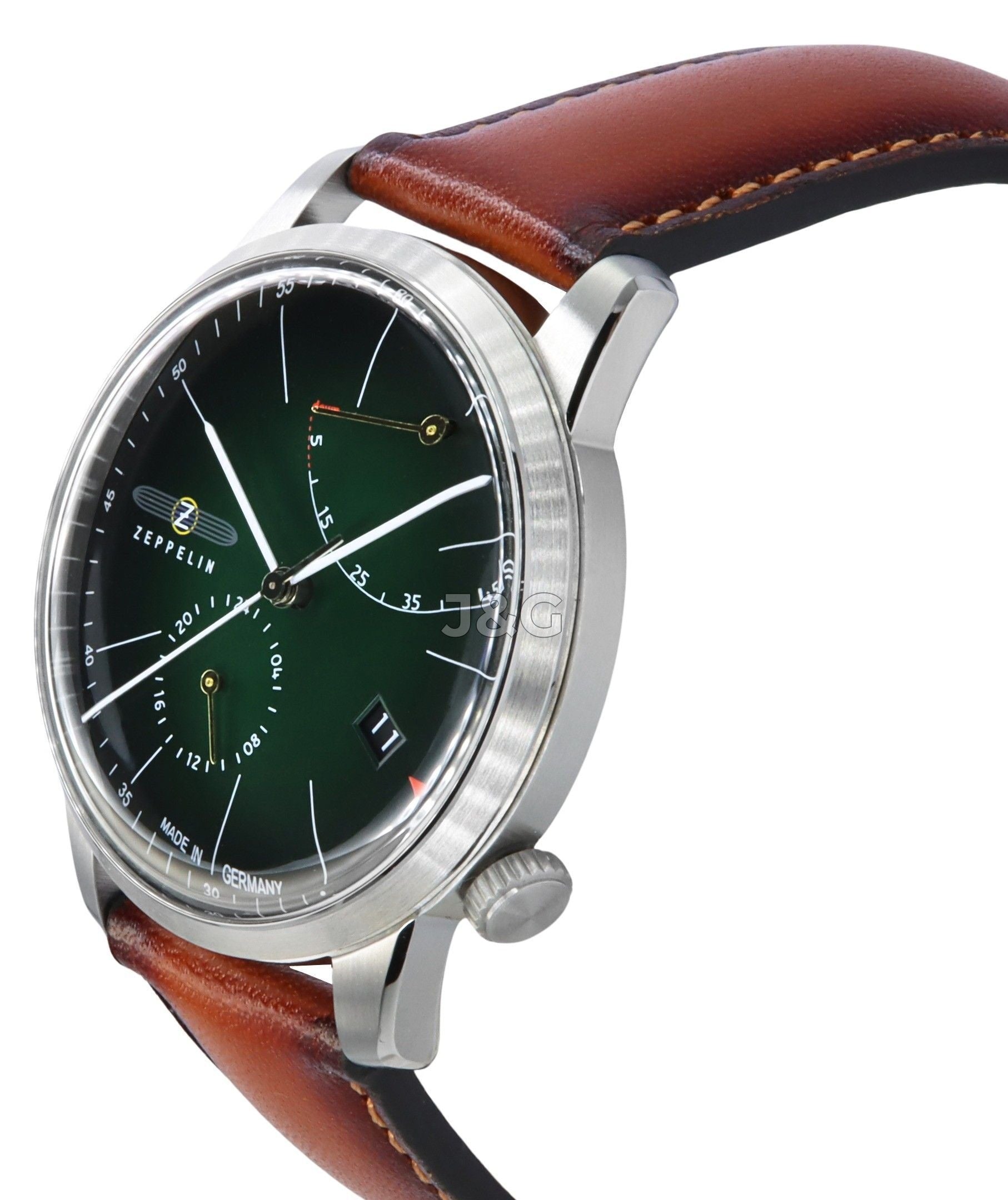 Zeppelin Flatline Automatic movement Dark Green Leather Male Z83664. A brand-new Zeppelin Flatline watch featuring a Dark Green dial and a Leather strap. Angled view. - view 2