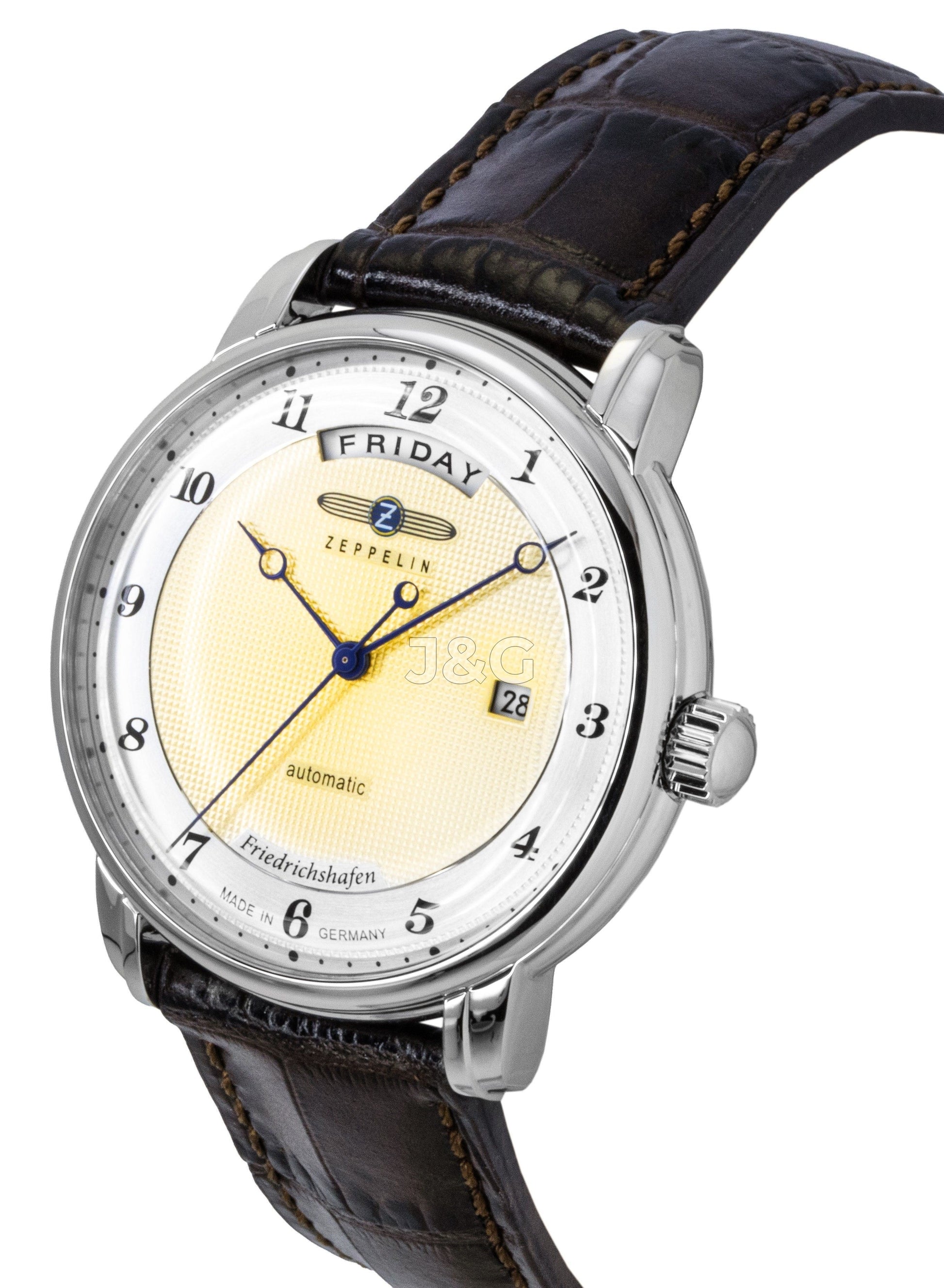 Zeppelin Friedrichshafen Automatic movement Gold Leather Male Z85625. A brand-new Zeppelin Friedrichshafen watch featuring a Gold dial and a Leather strap. Side view. - view 2