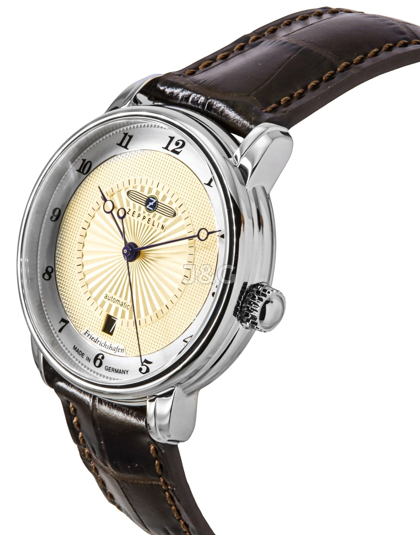 Zeppelin Friedrichshafen Automatic movement Gold Tone Leather Male Z85565. A brand-new Zeppelin Friedrichshafen watch featuring a Gold Tone dial and a Leather strap. Side view. - view 2