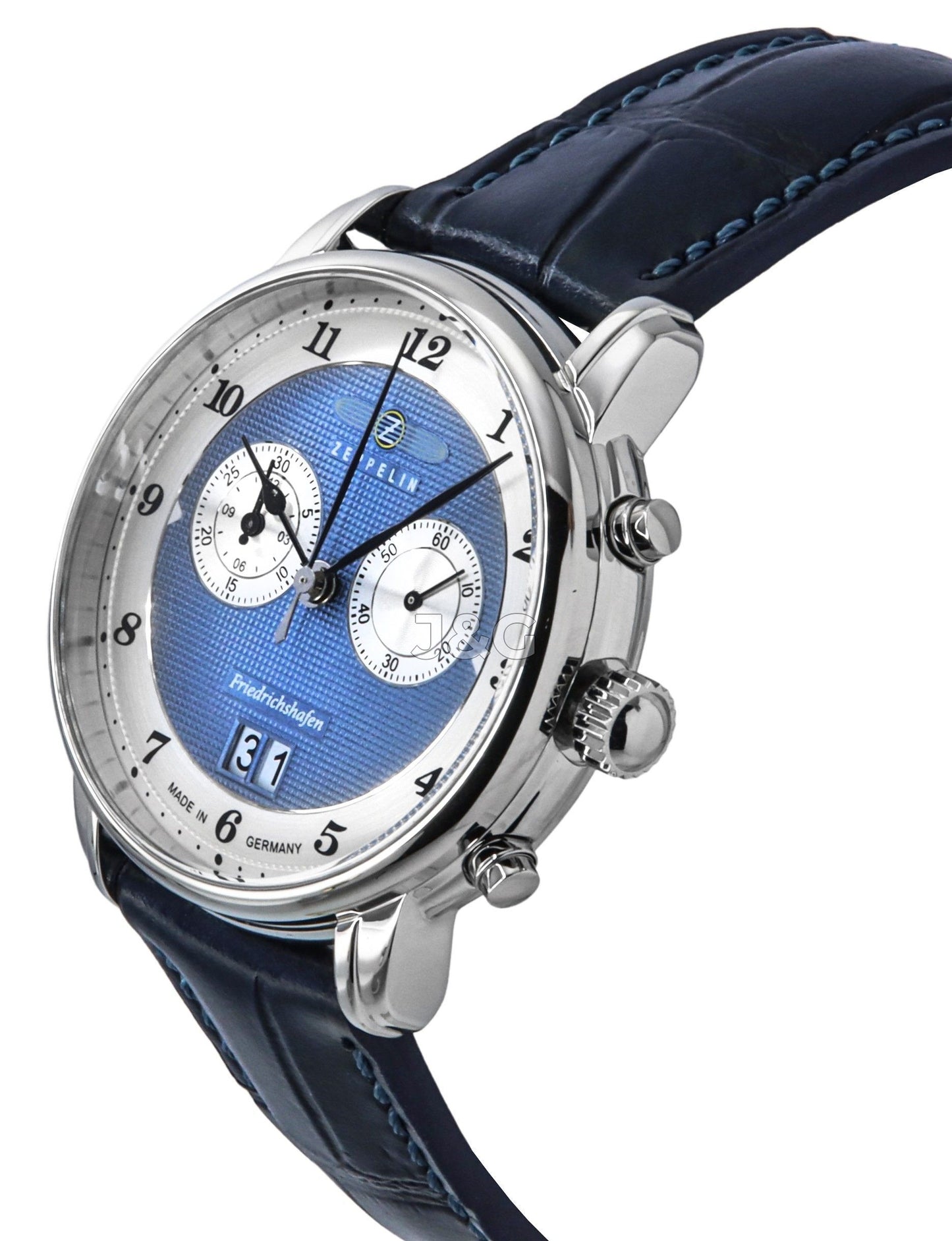 Zeppelin Friedrichshafen Date display Blue Leather Male Z85843. A brand-new Zeppelin Friedrichshafen watch featuring a Blue dial and a Leather strap. Side view. - view 2