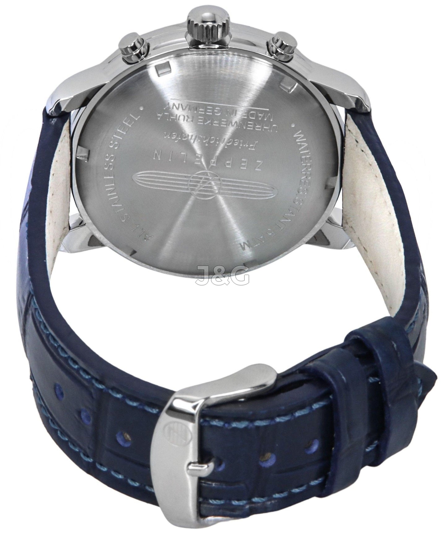 Zeppelin Friedrichshafen Date display Blue Leather Male Z85843. A brand-new Zeppelin Friedrichshafen watch featuring a Blue dial and a Leather strap. Side view. - view 3