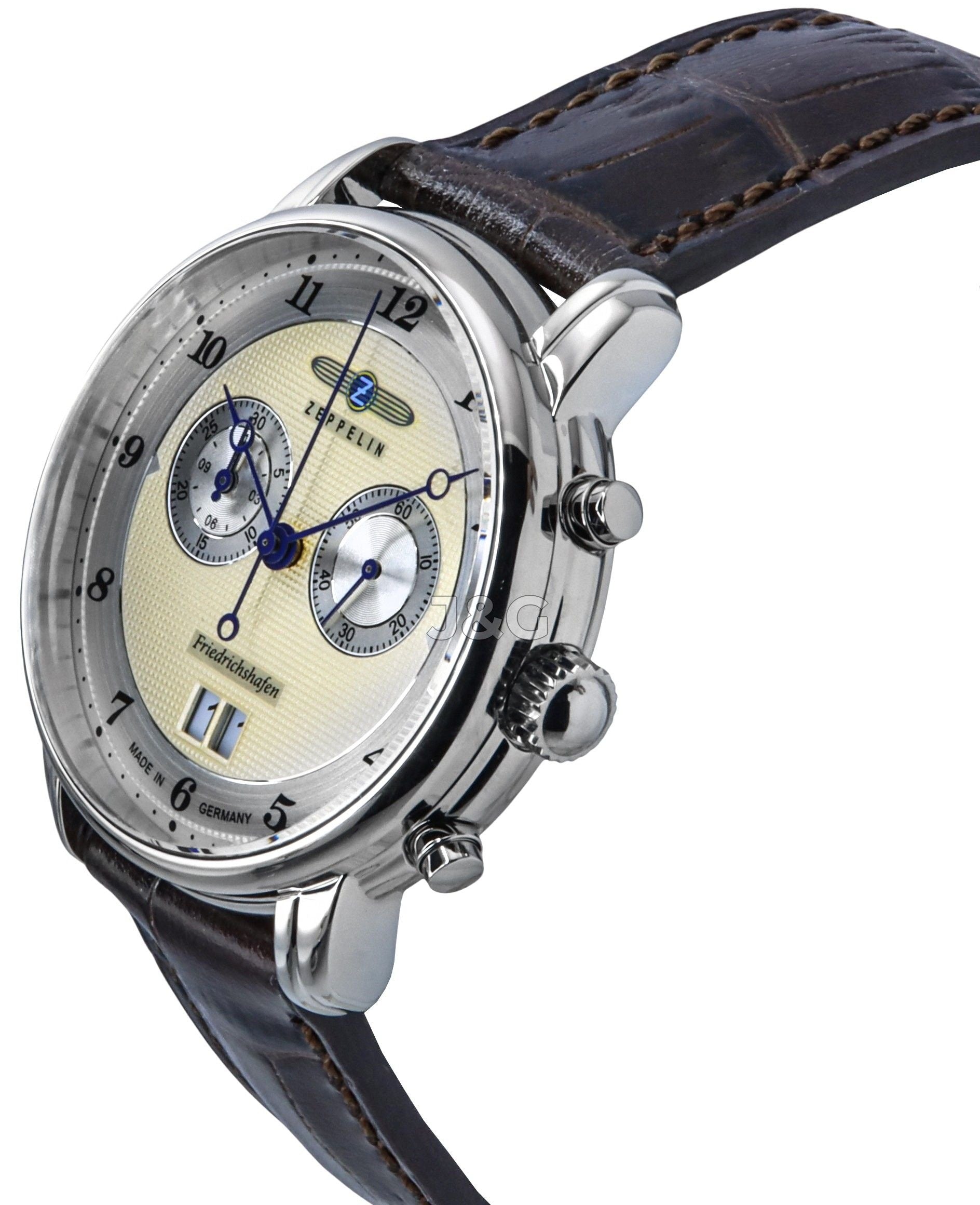 Zeppelin Friedrichshafen Date display Gold Leather Male Z85845. A brand-new Zeppelin Friedrichshafen watch featuring a Gold dial and a Leather strap. Side view. - view 2