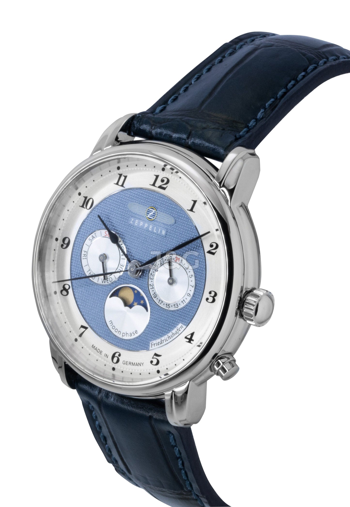 Zeppelin Friedrichshafen Quartz movement Blue Leather Male Z85363. A brand-new Zeppelin Friedrichshafen watch featuring a Blue dial and a Leather strap. Front view. - view 2