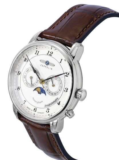 Zeppelin Friedrichshafen Quartz movement White Leather Male Z85361. A brand-new Zeppelin Friedrichshafen watch featuring a White dial and a Leather strap. Angled view. - view 2