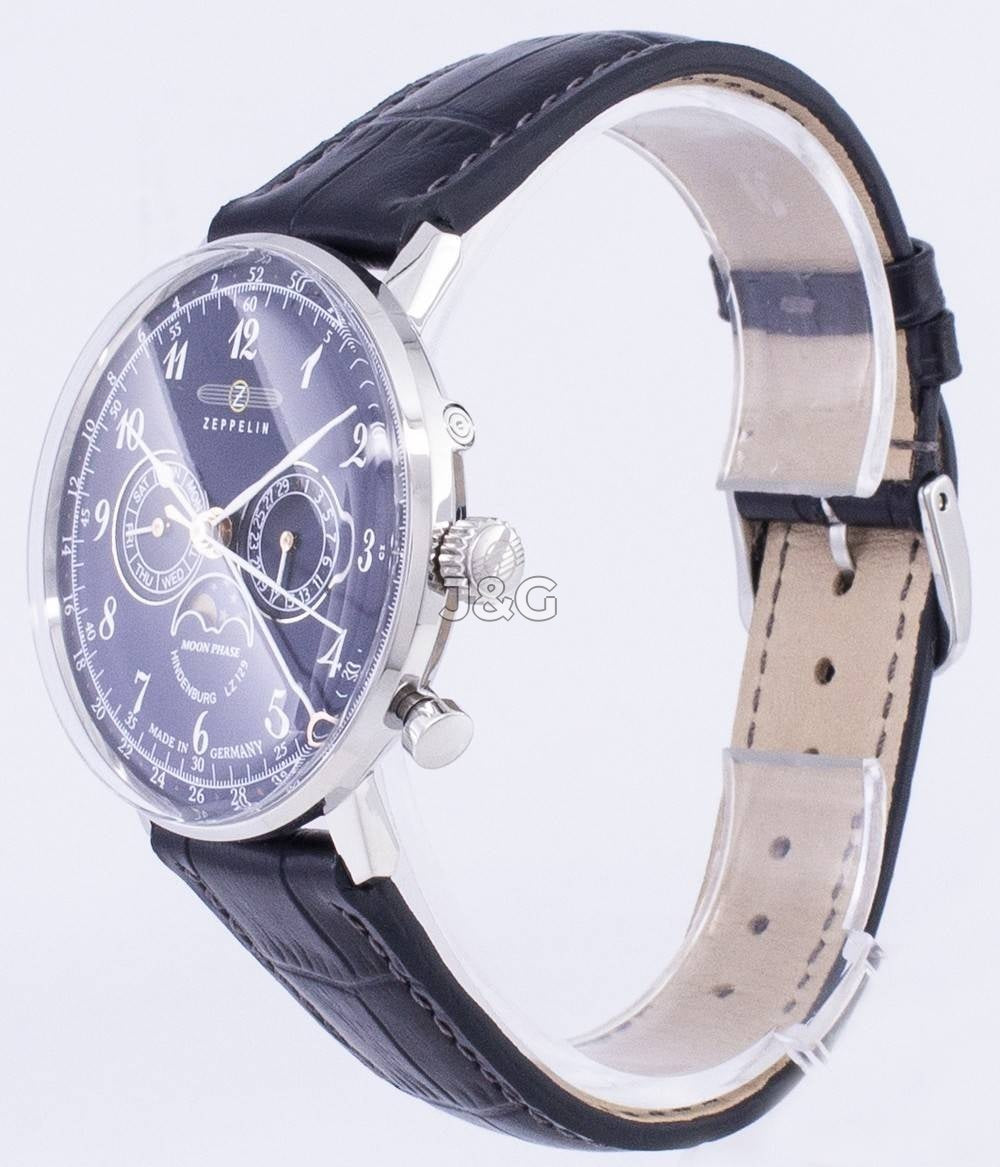 Zeppelin Hindenburg Date display Black Leather Male Z70363. A brand-new Zeppelin Hindenburg watch featuring a Black dial and a Leather strap. Angled view. - view 2