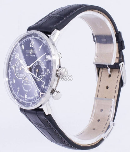 Zeppelin Hindenburg Date display Black Leather Male Z70363. A brand-new Zeppelin Hindenburg watch featuring a Black dial and a Leather strap. Angled view. - view 2