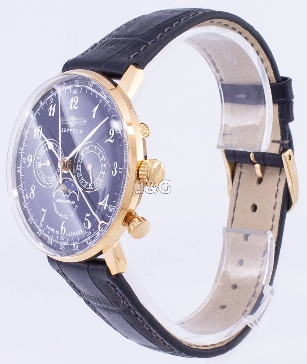 Zeppelin Hindenburg Date display Black Leather Male Z70383. A brand-new Zeppelin Hindenburg watch featuring a Black dial and a Leather strap. Angled view. - view 2