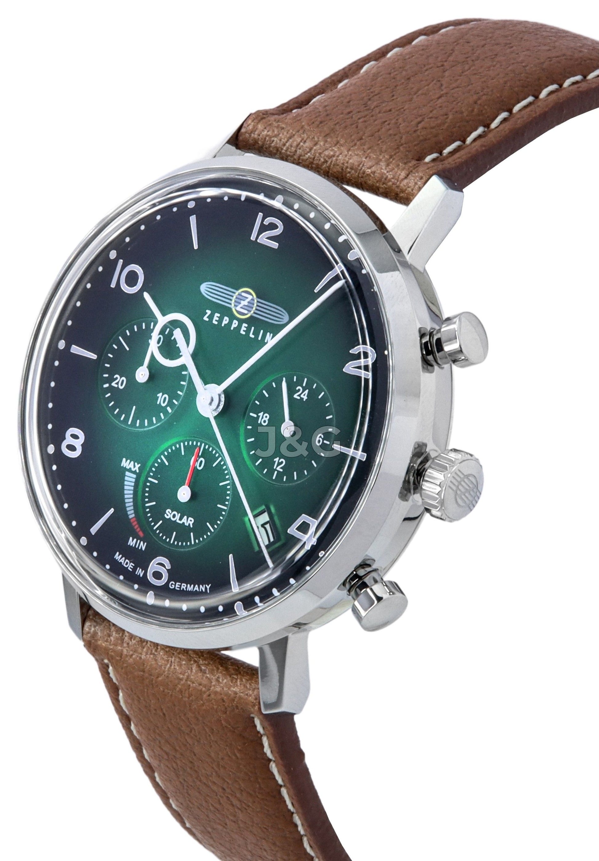 Zeppelin Hindenburg Date display White Faux leather Male Z80864N. A brand-new Zeppelin Hindenburg watch featuring a White dial and a Faux leather strap. Angled view. - view 2