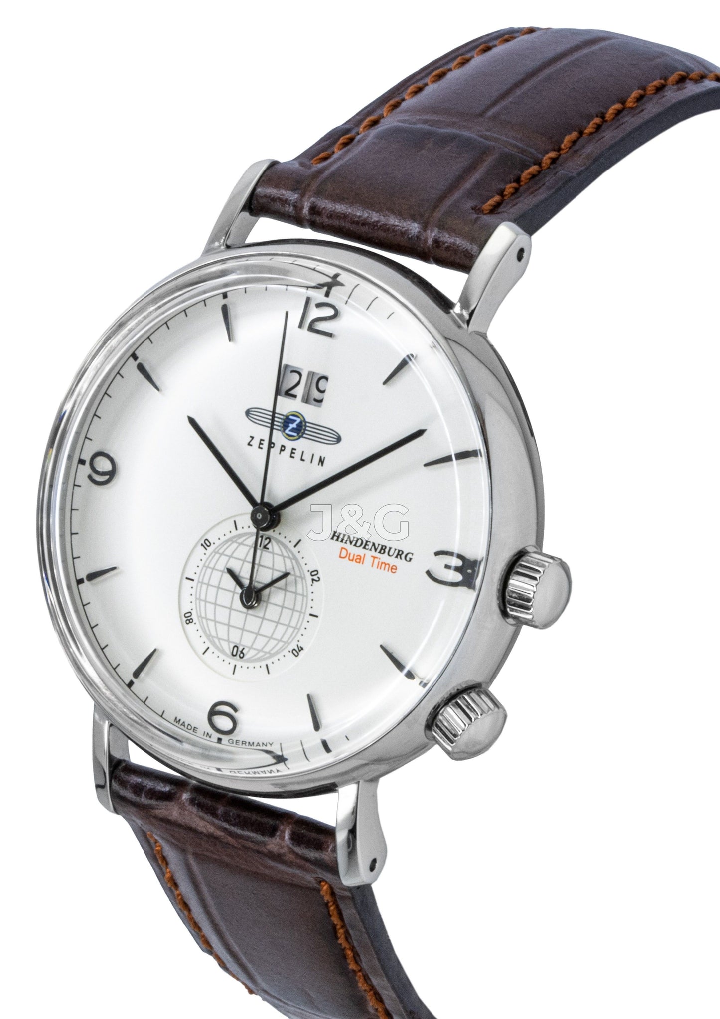 Zeppelin Hindenburg Quartz movement Beige Leather Male Z80445. A brand-new Zeppelin Hindenburg watch featuring a Beige dial and a Leather strap. Side view. - view 2