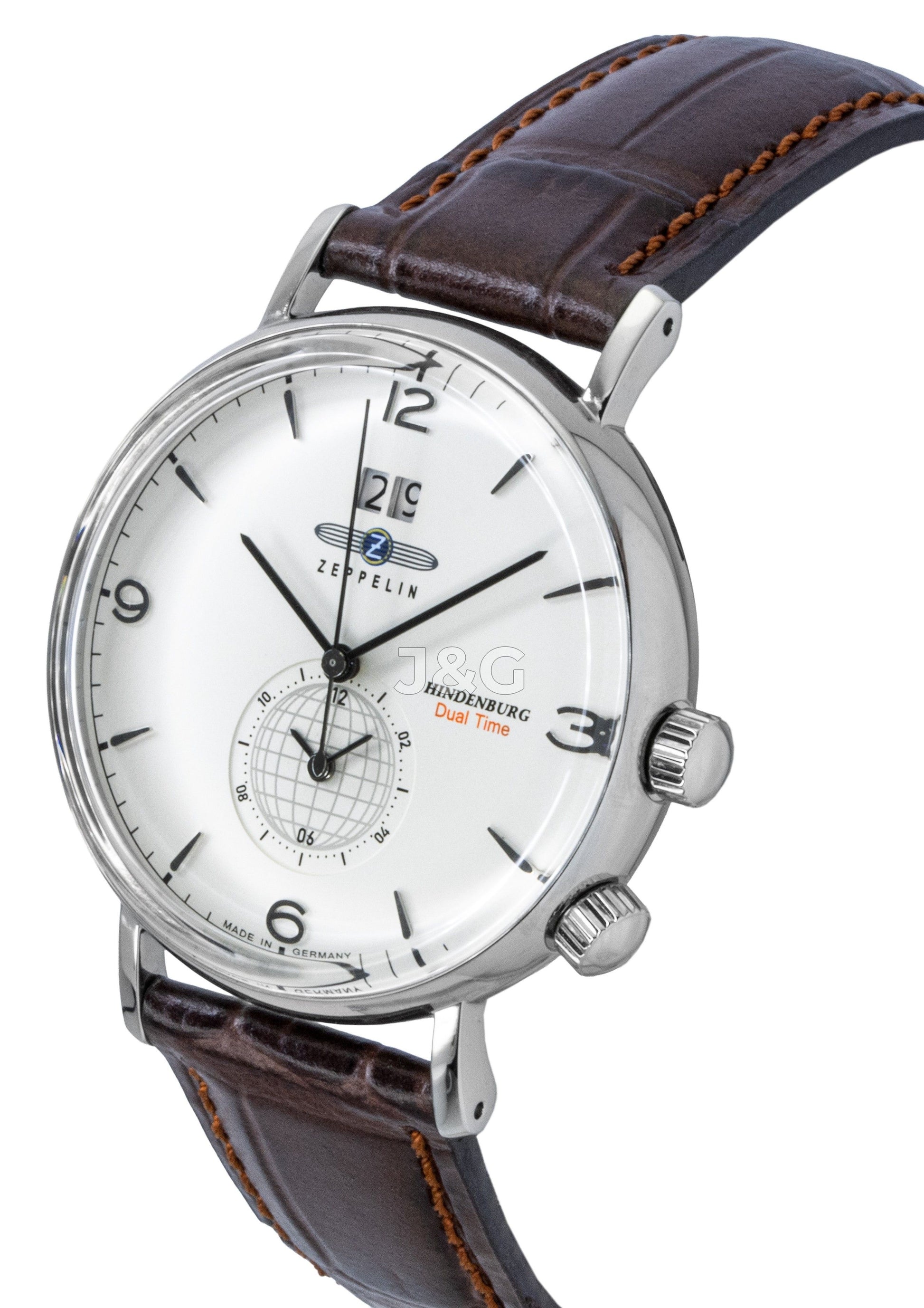 Zeppelin Hindenburg Quartz movement Beige Leather Male Z80445. A brand-new Zeppelin Hindenburg watch featuring a Beige dial and a Leather strap. Side view. - view 2