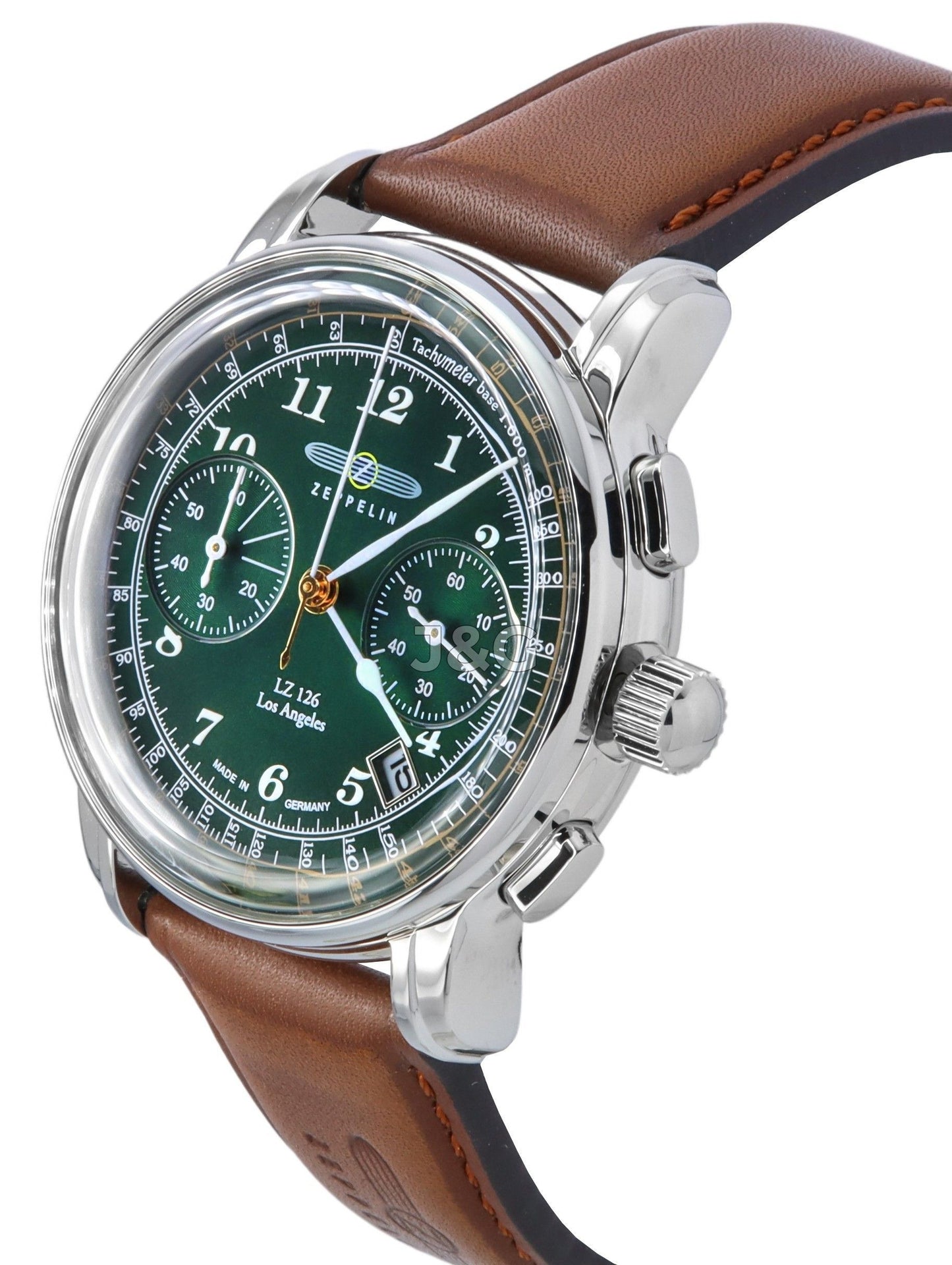 Zeppelin LZ126 Los Angeles Date display Green Leather Male Z76144. A brand-new Zeppelin LZ126 Los Angeles watch featuring a Green dial and a Leather strap. Angled view. - view 3