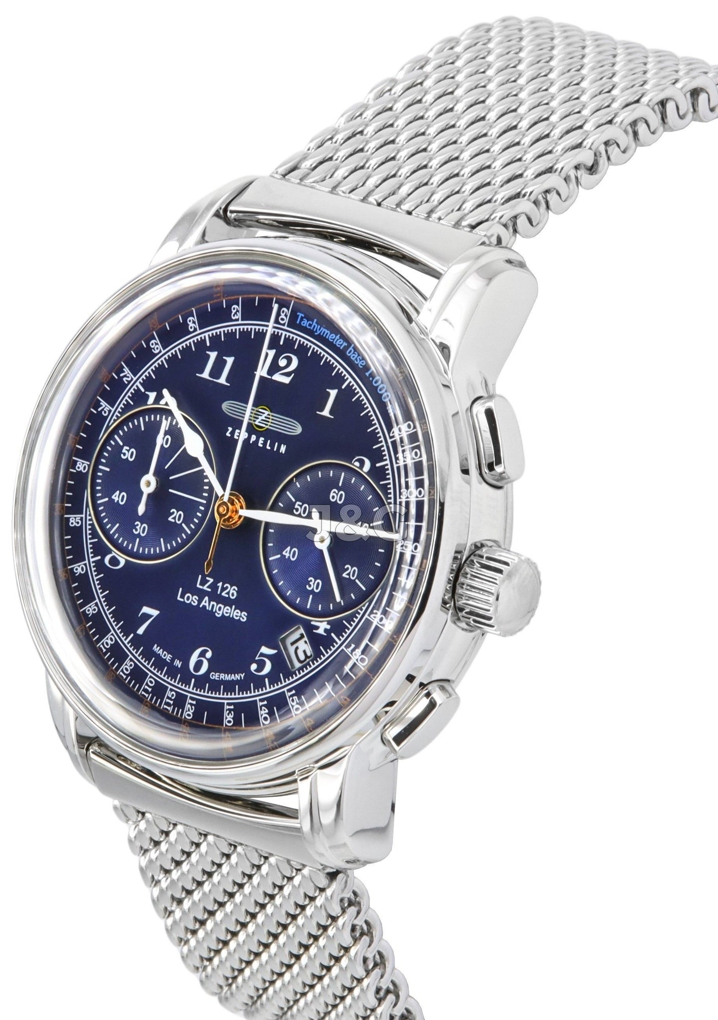 Zeppelin LZ126 Los Angeles Quartz movement Blue Stainless steel Male Z7614M3. A brand-new Zeppelin LZ126 Los Angeles watch featuring a Blue dial and a Stainless steel strap. Angled view. - view 3