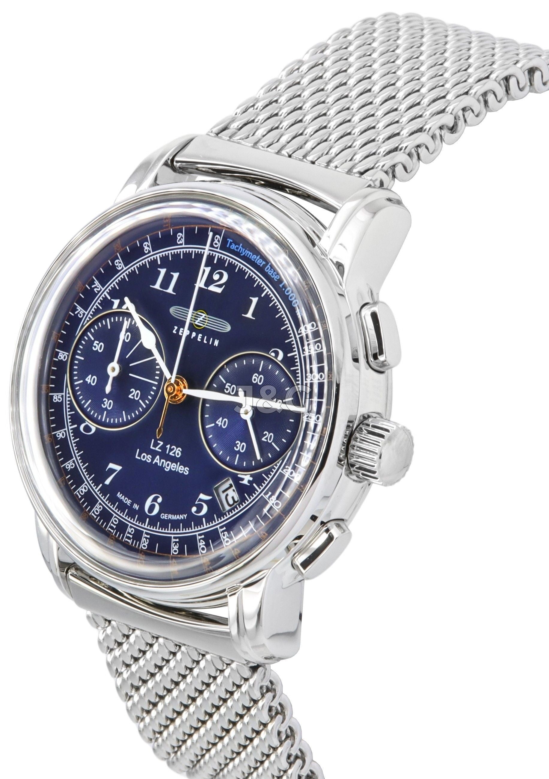 Zeppelin LZ126 Los Angeles Quartz movement Blue Stainless steel Male Z7614M3. A brand-new Zeppelin LZ126 Los Angeles watch featuring a Blue dial and a Stainless steel strap. Angled view. - view 3